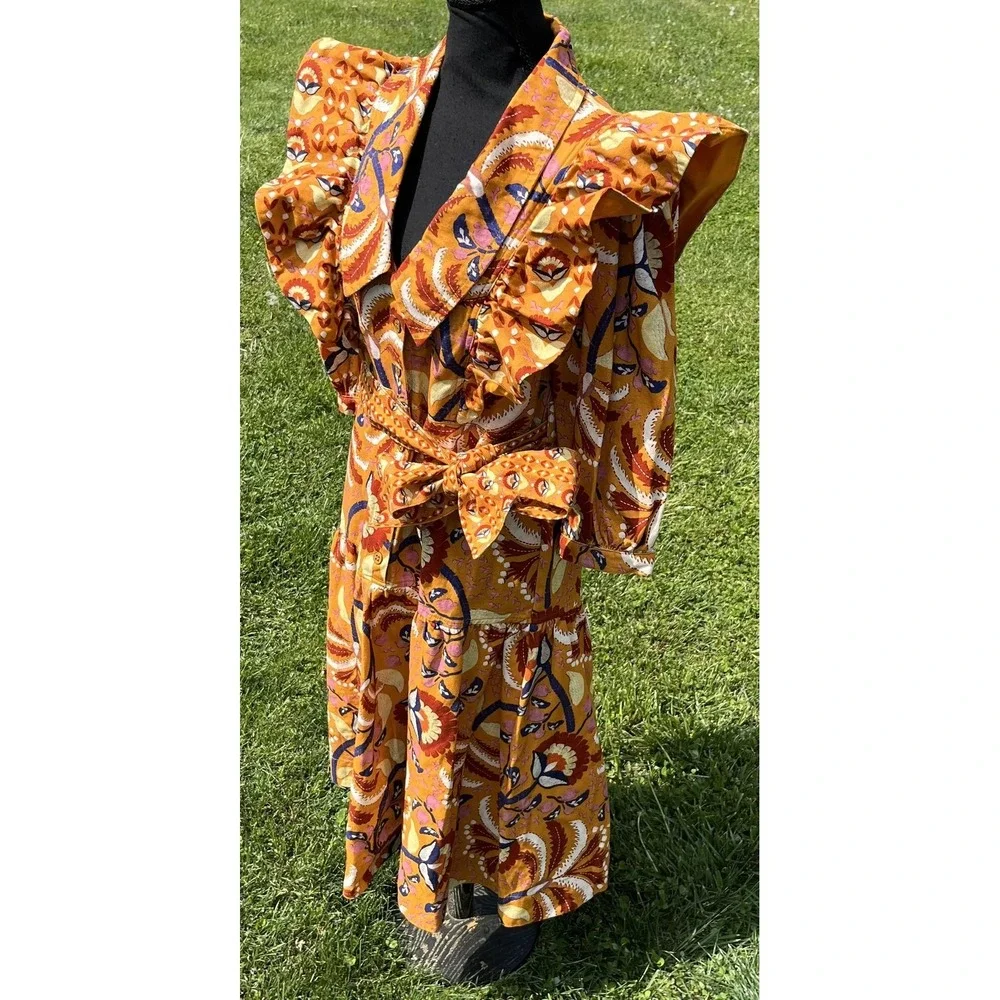Farm Rio Shirt Dress Womens Small Yellow‎ Palms Party Midi Ruffle Belted Floral
